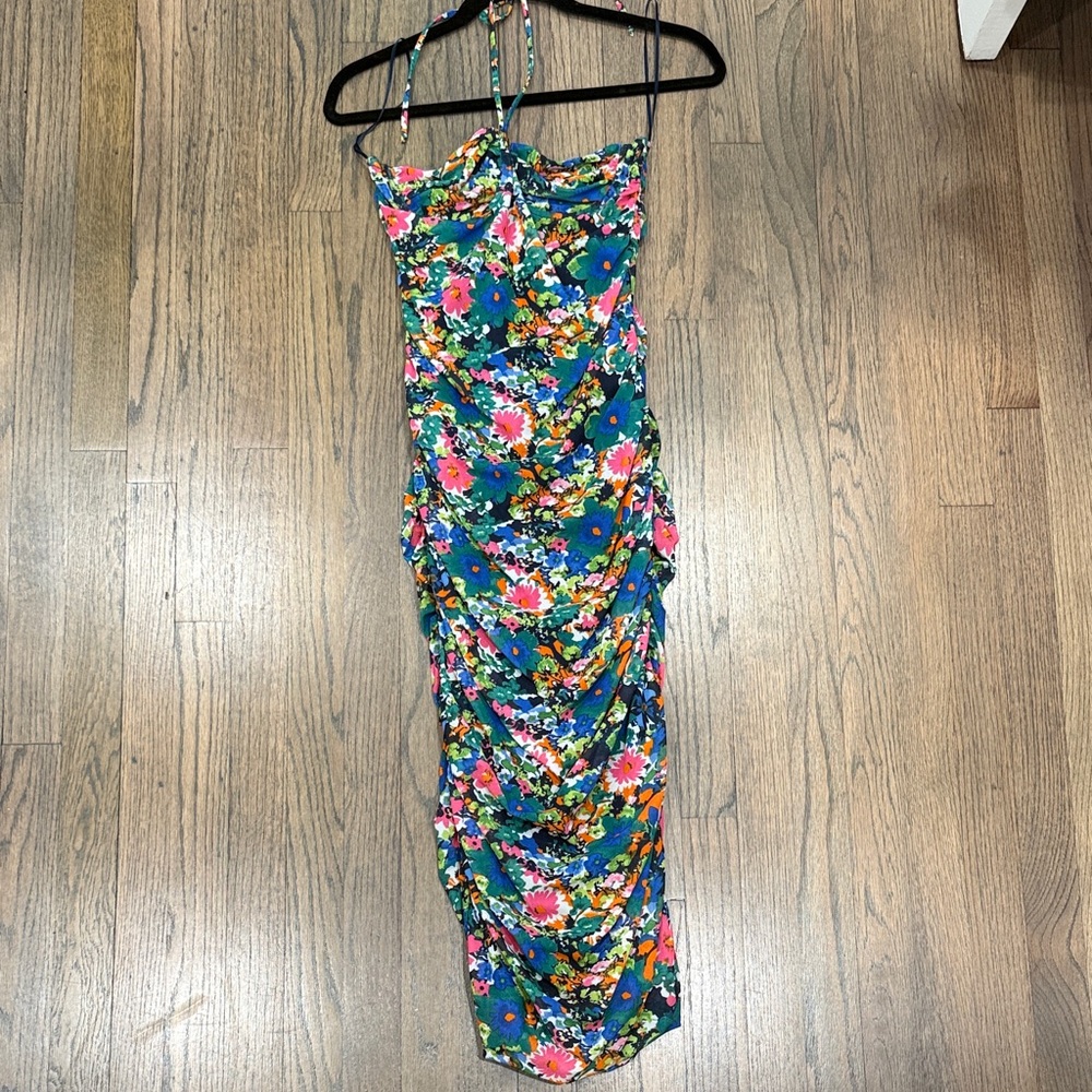 Floral Ruched Slip Dress in Teal with Pink & Orange Blooms
